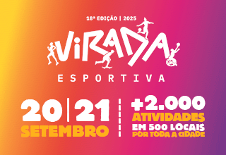 Banner da 18ª edição da Virada Esportiva 2025. Texto: '20 e 21 de setembro | Mais de 2.000 atividades em 500 locais por toda a cidade'. Fundo em degradê laranja, rosa e roxo, com ícones de pessoas praticando esportes ao redor da palavra Virada Esportiva.