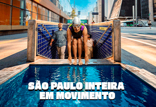Arte em degradê verde, laranja e amarelo. O Logo Virada Esportiva -19ª edição aparece em conjunto com duas silhuetas de atletas. O mascote Paulistinha aparece sorrindo 
