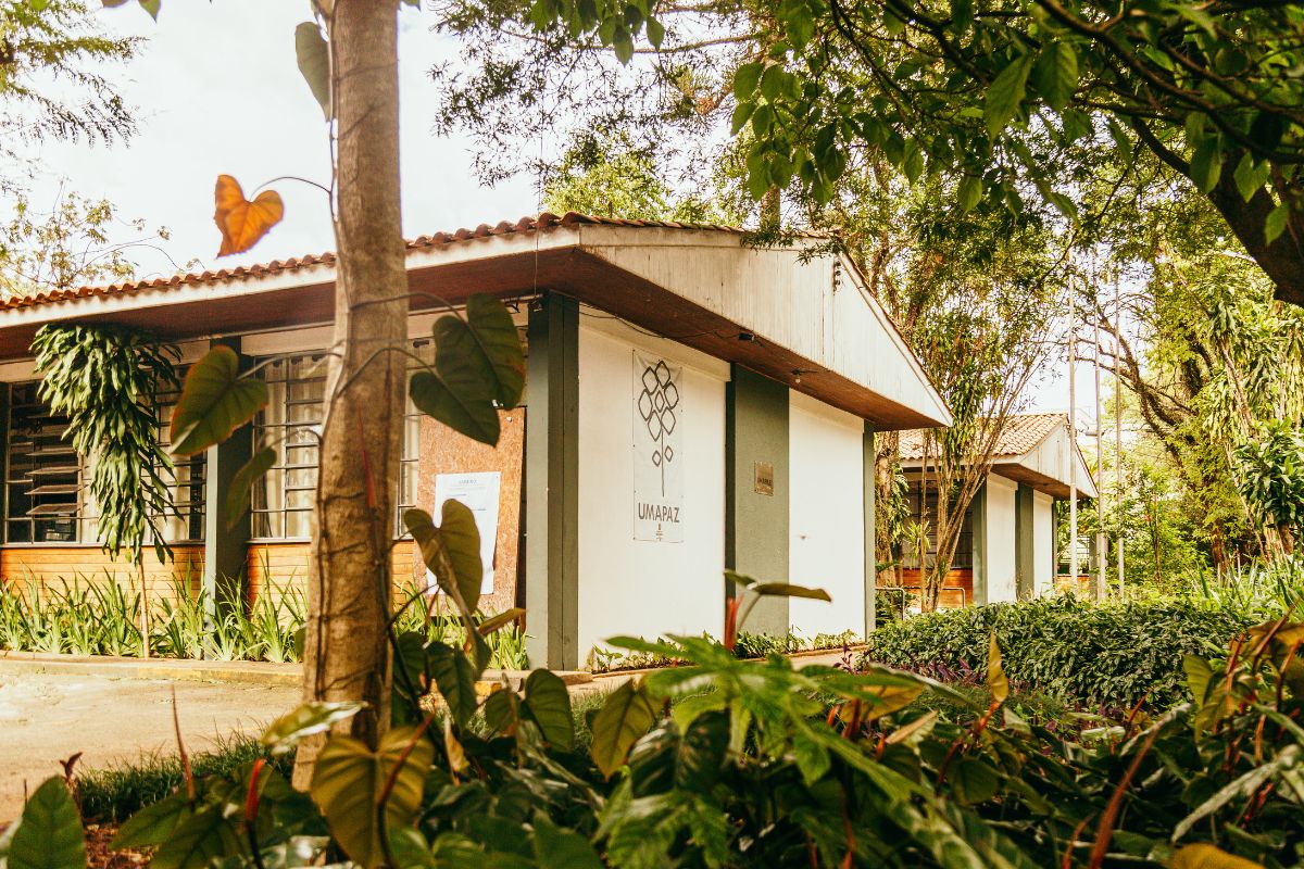 A imagem mostra o prédio da UMAPAZ (Universidade Aberta do Meio Ambiente e Cultura de Paz), localizado em um ambiente cercado por natureza. A construção é simples, com telhado de barro e paredes em tons claros, harmonizando-se com a vegetação ao redor. Em primeiro plano, há diversas plantas, incluindo arbustos, árvores e folhas grandes. No centro da parede do prédio, há uma placa branca com um logotipo e a palavra