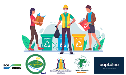 Ilustração de três pessoas fazendo coleta seletiva ao lado de lixeiras coloridas para diferentes tipos de resíduos. Uma mulher carrega recicláveis, um trabalhador com colete segura um saco de lixo e um homem deposita materiais na lixeira.