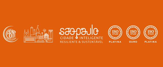 #PraTodosVerem Símbolo das normas ABTN São Paulo Cidade Inteligente, Resiliente & Sustentável em branco com fundo cor de abóbora