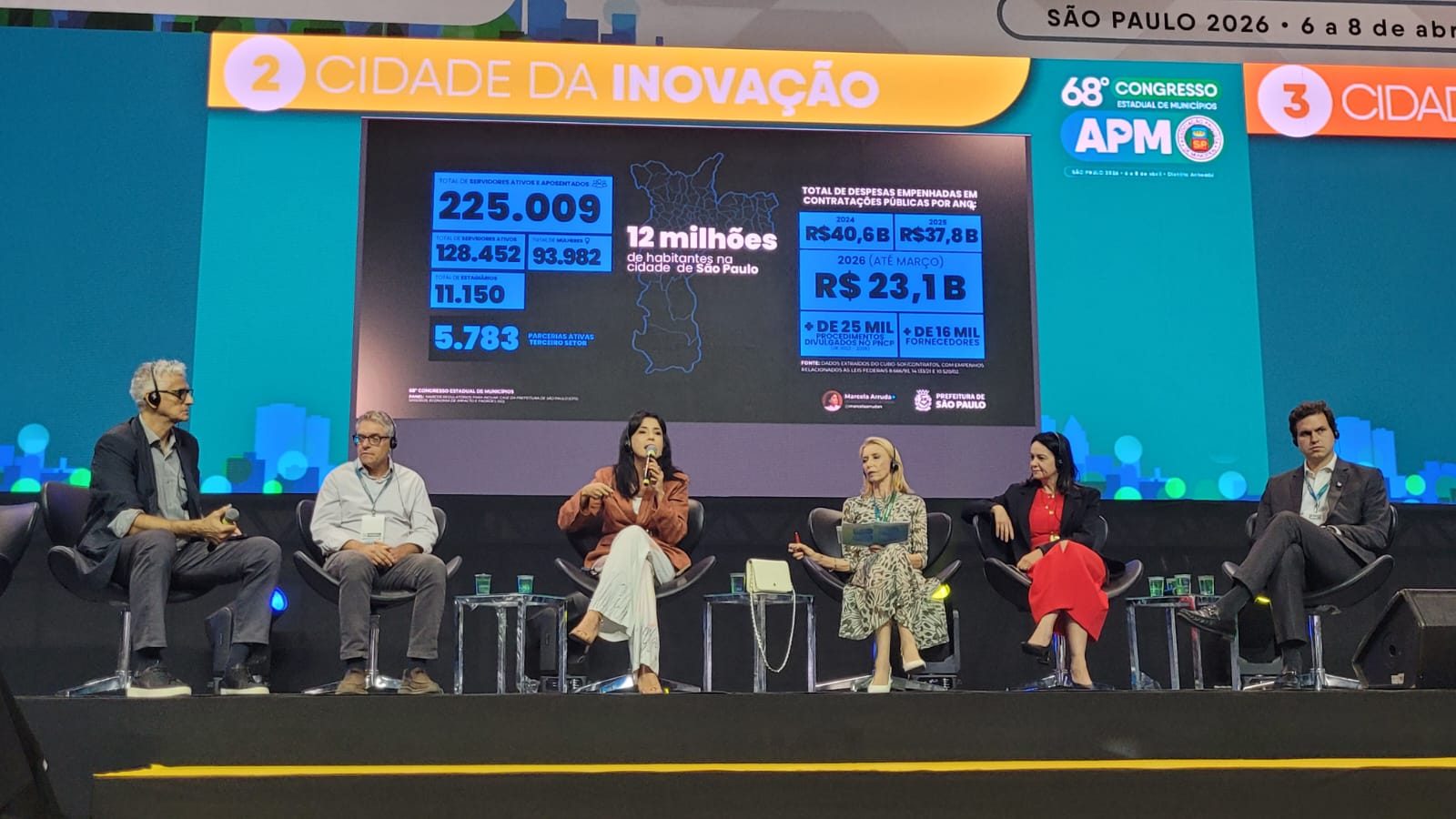 #PraCegoVer: Imagem de um painel institucional em palco de evento. Ao fundo, um telão grande com o título “Cidade da Inovação” e dados sobre a cidade de São Paulo, incluindo população, número de servidores e volume de contratações públicas. No canto superior direito, aparece a identidade visual do 68º Congresso Estadual de Municípios da APM.