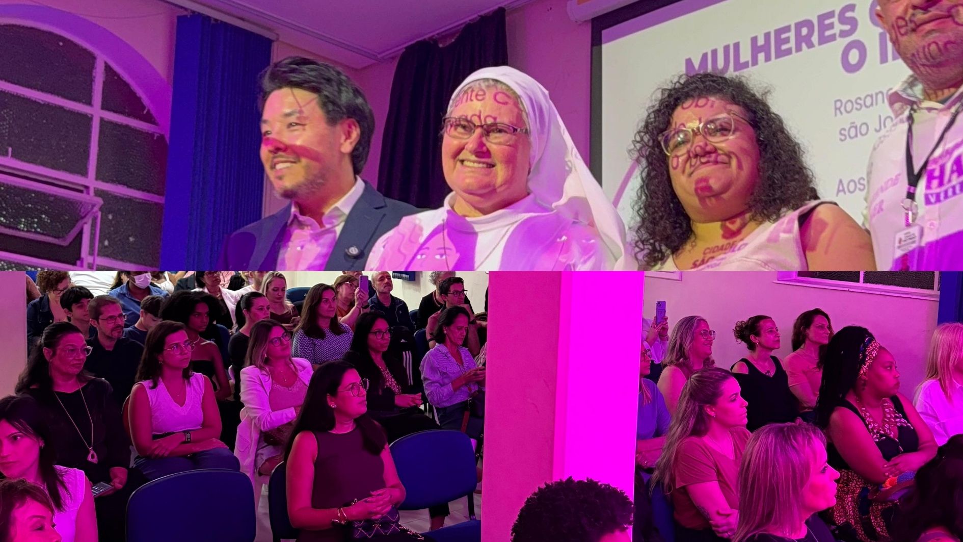 Irmã Rosane Maria recebendo homenagem, enquanto plateia feminina acompanha