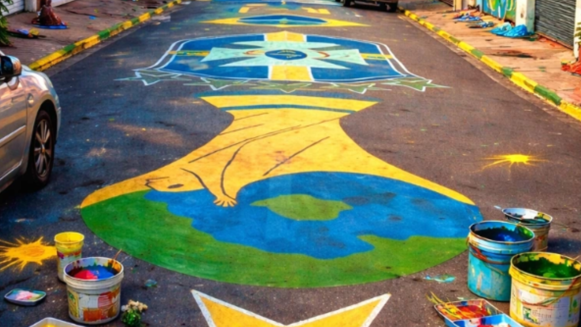 Rua pintada de verde e amarelo com o símbolo do troféu da Copa do Mundo