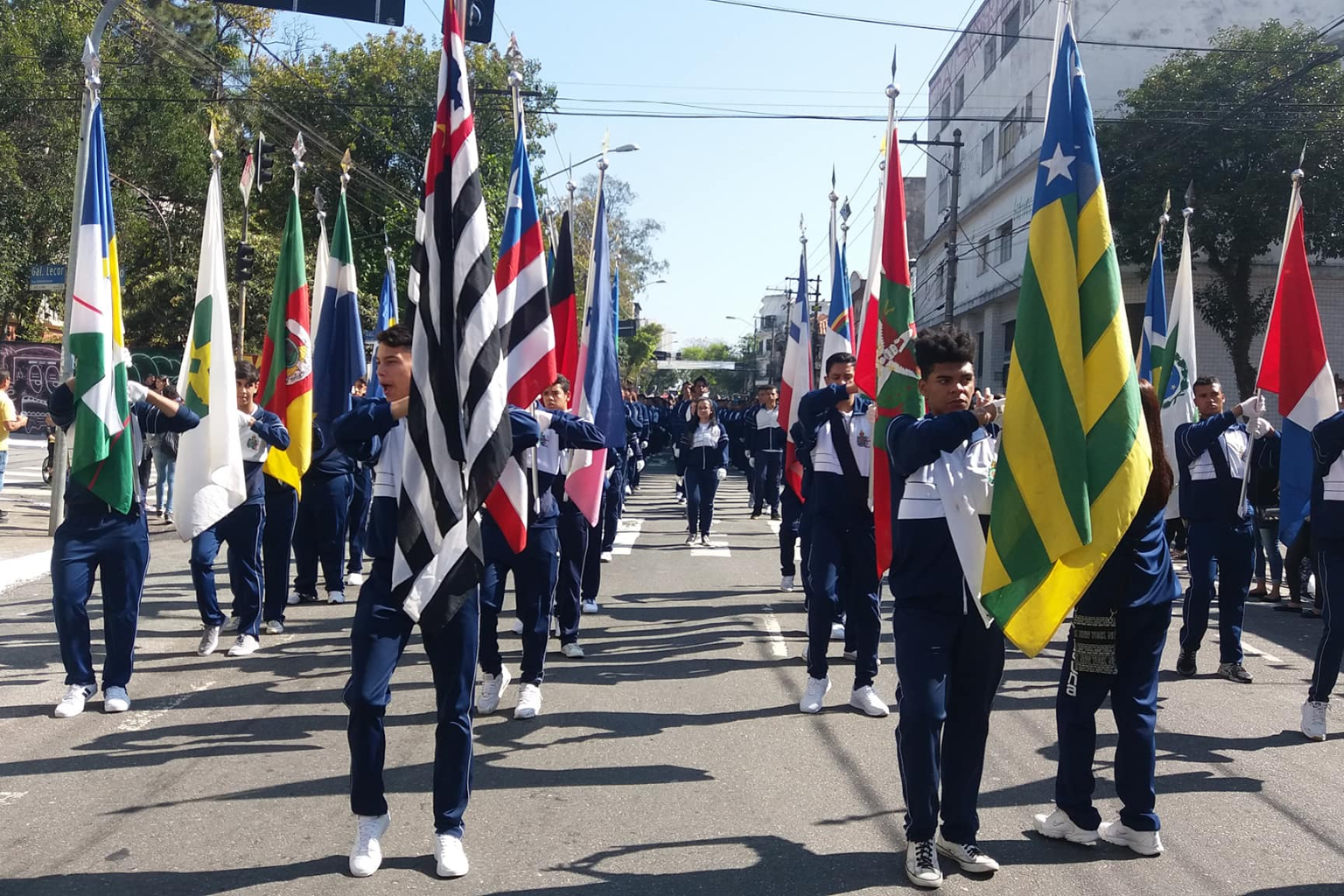 Imagem do desfile com o hasteamento de bandeiras