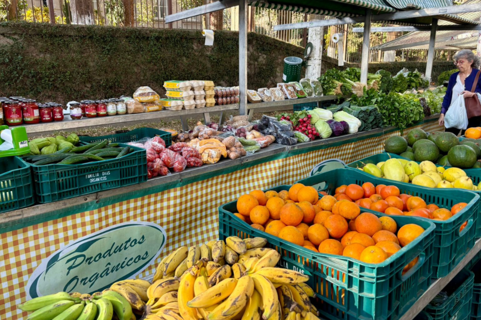 Frutas, legumes e produtos artesanais dispostos na barraca de Produtos Orgânicos