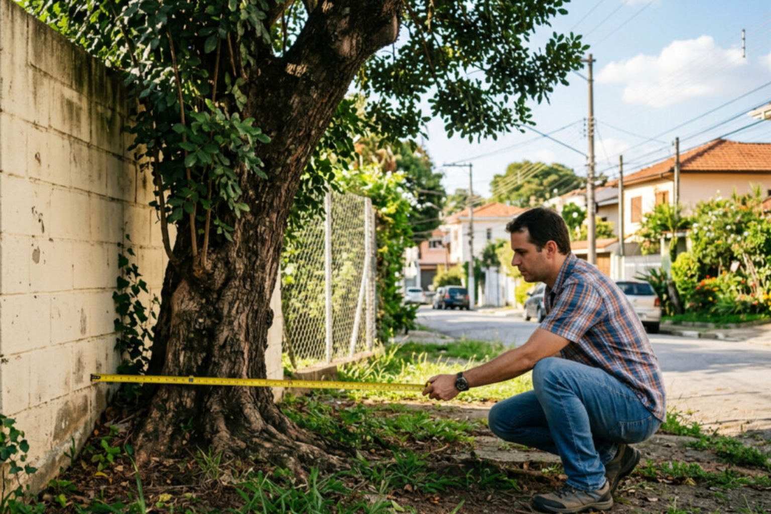 Pessoa medindo a distância de uma árvore em relação a calçada.