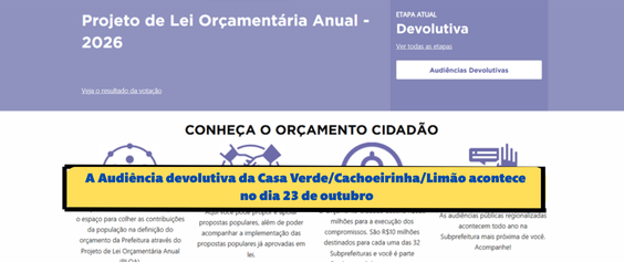 A imagem mostra uma captura de tela do site  Participe Mais relacionado ao Projeto de Lei Orçamentária Anual de 2026. No centro da tela, há um destaque em um retângulo amarelo com o texto: 