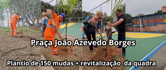 A imagem é composta por quatro fotos lado a lado mostrando ações de revitalização em uma praça. Na duas primeiras, dois trabalhadores com uniformes laranja plantam mudas de árvore perto de uma cerca. Na terceira , uma mulher e o subprefeito colaboram plantam juntos outra muda. Na quarta foto , vê-se uma quadra esportiva recém-pintada, com piso colorido em verde, amarelo e azul, e um muro ao fundo. No centro da imagem há o texto: “Praça João Azevedo Borges”, e logo abaixo: “Plantio de 150 mudas + revitalização da quadra”.