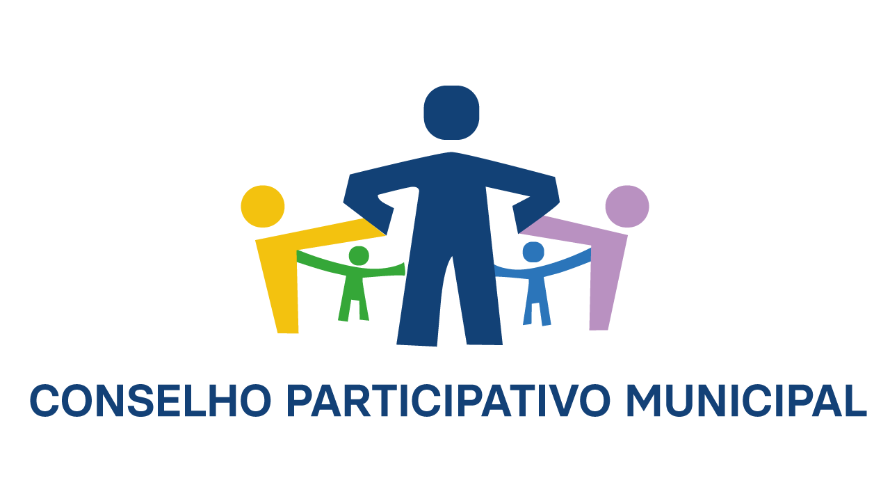Imagem com fundo branco. No centro, há figuras humanas estilizadas, sem detalhes de rosto. Uma figura maior, na cor azul escura, está à frente, com as mãos apoiadas na cintura. Ao redor dela, formando um semicírculo, aparecem quatro figuras menores: à esquerda uma figura amarela adulta e, mais à frente, uma figura pequena verde que representa uma criança; à direita, uma figura adulta lilás e, mais à frente, uma figura pequena azul que também representa uma criança. Todas parecem estar de mãos dadas, simbolizando união e participação coletiva. Abaixo das figuras, em letras maiúsculas e na cor azul, está escrito: “CONSELHO PARTICIPATIVO MUNICIPAL”.