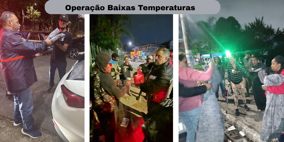 A imagem está dividida em três partes verticais, retratando ações da 
