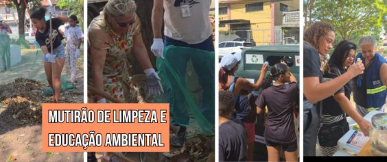 A imagem é uma montagem com quatro fotos lado a lado, mostrando pessoas participando de um mutirão comunitário ao ar livre.  Na primeira foto, uma mulher jovem, vestindo camiseta escura e short, usa uma pá para recolher lixo do chão, próximo a uma área com terra e folhas. Outras pessoas aparecem ao fundo ajudando.  Na segunda, uma mulher de cabelo claro, usando vestido estampado e luvas, segura um saco verde enquanto recolhe resíduos do chão, demonstrando cuidado e concentração.  Na terceira imagem, um grupo de pessoas, muitas vestidas com roupas escuras, trabalha junto ao redor de um contêiner de lixo. Algumas levantam a tampa enquanto outras colocam sacos dentro.  Na quarta foto, duas mulheres conversam e analisam um material, possivelmente um folheto ou cartilha, em um ambiente externo com árvores e luz do sol.  Sobre as imagens, há um texto em destaque que diz: “Mutirão de limpeza e educação ambiental”. A cena transmite colaboração, consciência ambiental e trabalho em equipe.