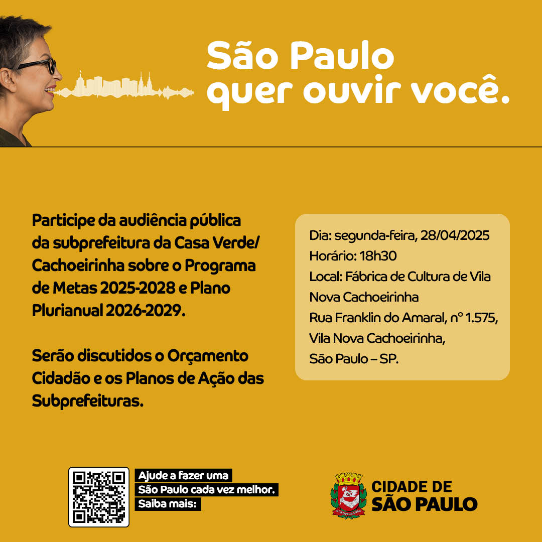 #ParaCegoVer  A imagem é um cartaz digital com fundo em tom mostarda claro, com informações sobre uma audiência pública na cidade de São Paulo.  No canto superior esquerdo, aparece o perfil de uma mulher de pele clara, com cabelos curtos e óculos de grau, olhando para a direita. Acima dela, em branco, há um traço que simula o horizonte de prédios de uma cidade.  À direita da mulher, em letras grandes e na cor marrom, está escrito 