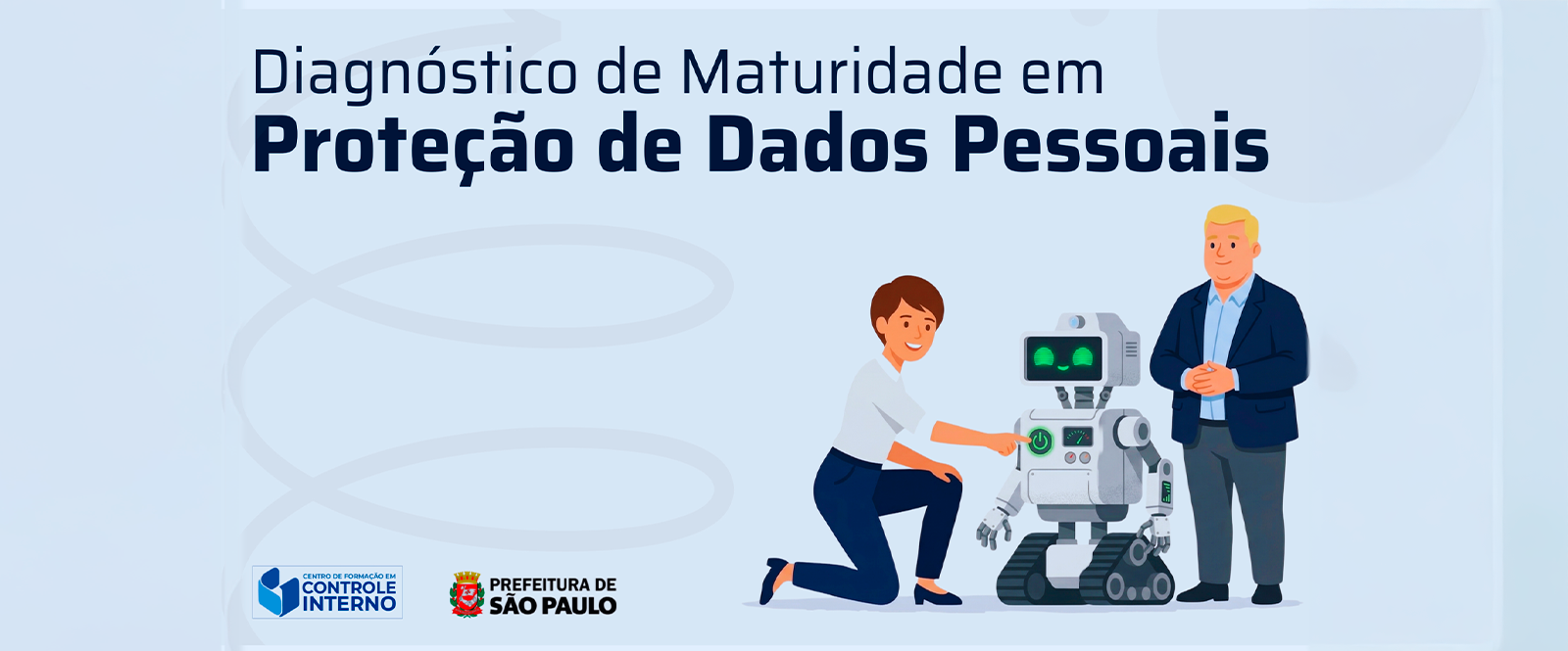 Mulher agachada apertando um botão em um robô ao lado de um homem