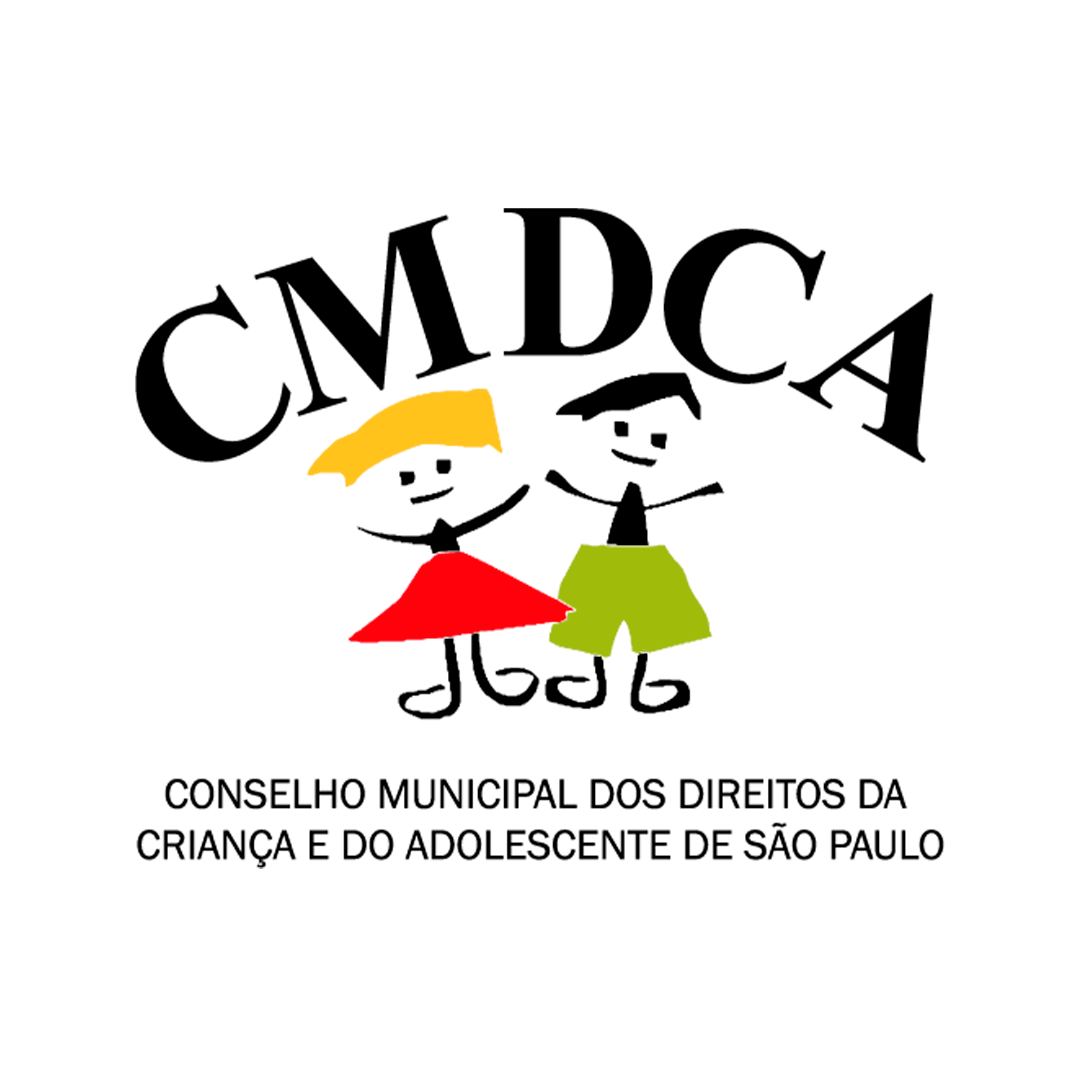 Desenho de uma menina de cabelo amarelo e vestido vermelho e um menino de cabelo preto e bermuda verde com as letras CMDCA acima da cabeça e o nome Conselho Municipal dos Direitos da Criança e do Adolescente de São Paulo embaixo do desenho.