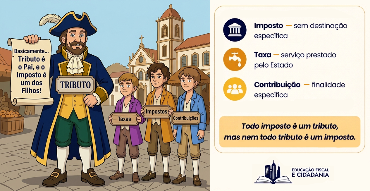 Imagem explicando que tributo é o nome da familia e imposto, taxa e contribuições são tipos de tributos