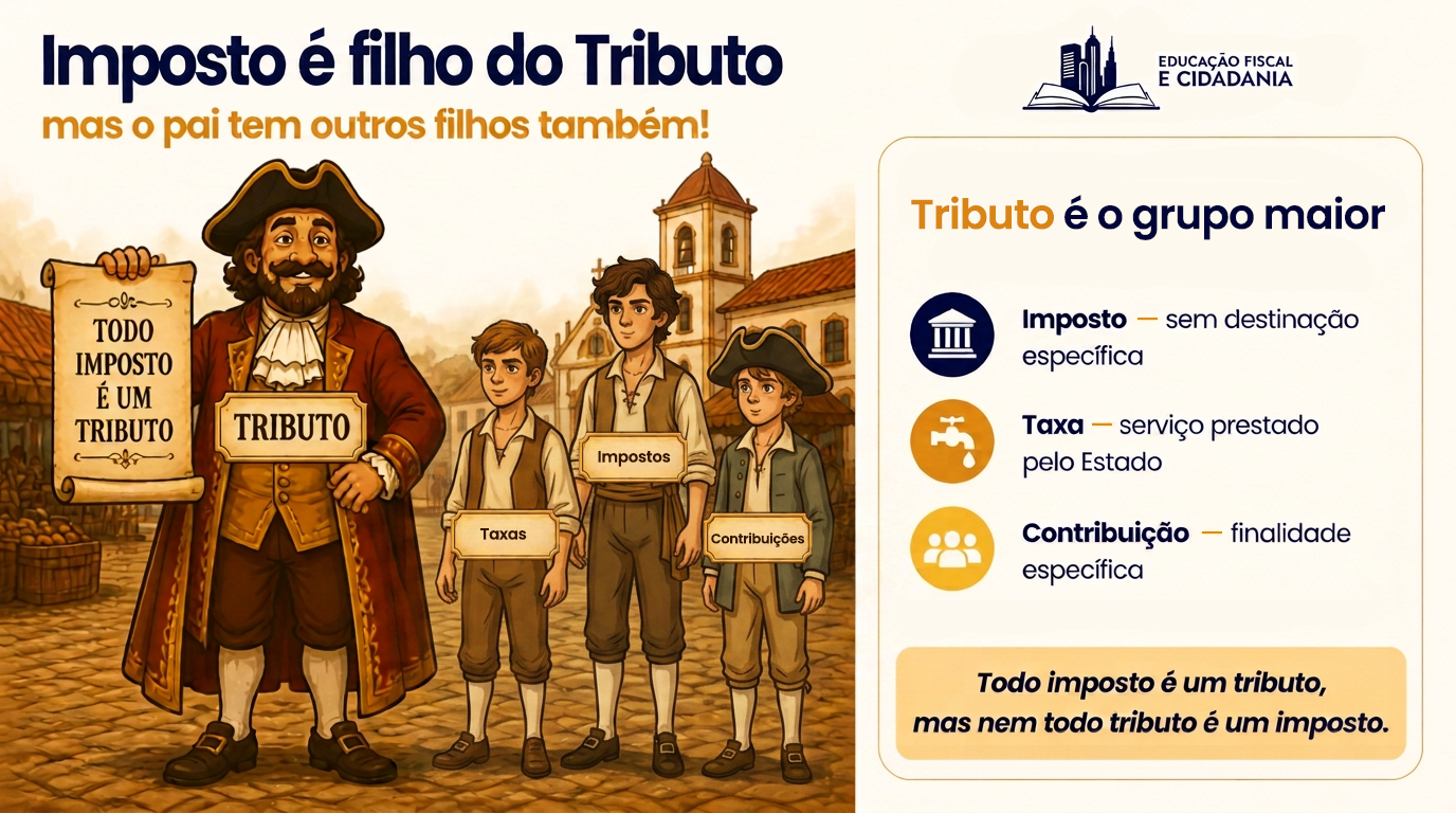 Imagem explicando que tributo é o nome da familia e imposto, taxa e contribuições são tipos de tributos