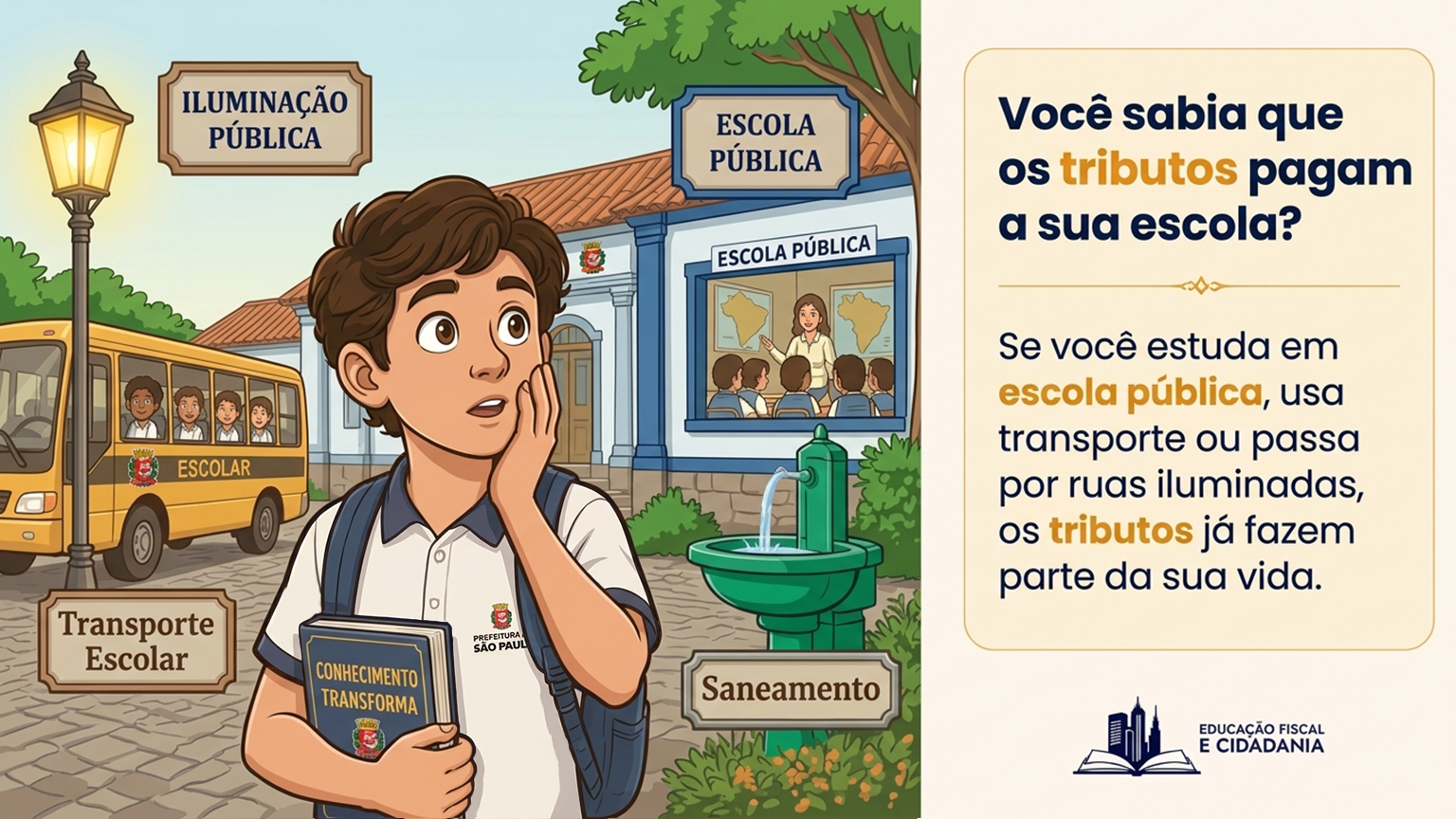 Garoto descobrindo como os imposto tem a ver com a sua escola