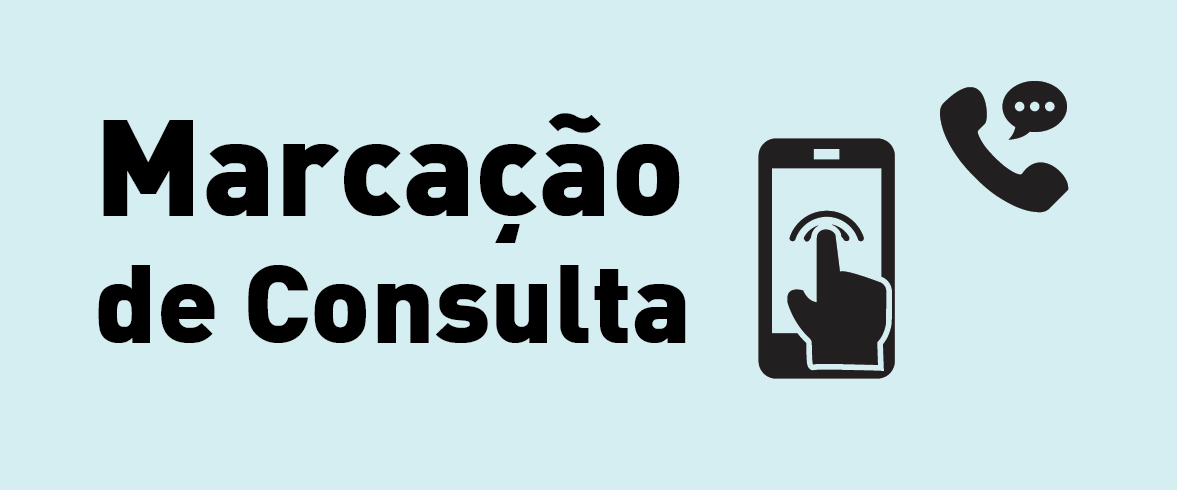 #ParaTodosVerem Marcação de Consulta. Ao lado direito, temos a imagem ilustrativa de um dedo clicando na tela de um celular e, ao lado direito, um telefone com uma caixa de texto, sinalizando uma ligação.