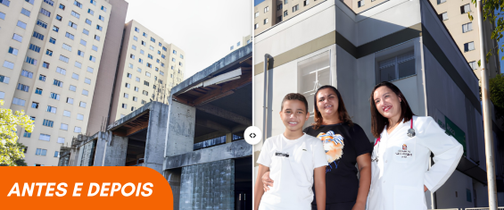 Banner dividido em duas partes mostrando o “antes e depois” de um espaço urbano. À esquerda, aparece uma construção em fase de obra, com estrutura de concreto exposta e prédios residenciais ao fundo. À direita, o mesmo local já finalizado, com fachada moderna em tons de cinza e branco. Em frente ao prédio estão três pessoas sorrindo: um menino de camiseta branca, uma mulher de camiseta preta e uma profissional da saúde usando jaleco branco e estetoscópio. No canto inferior esquerdo, há um destaque laranja com a frase “ANTES E DEPOIS”.