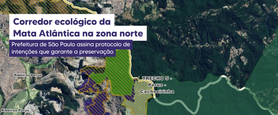 A imagem apresenta um mapa satelital da zona norte de São Paulo, destacando áreas de preservação da Mata Atlântica. No canto superior esquerdo, um letreiro branco com texto roxo anuncia o 