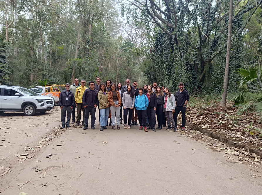 Foto de um grupo de aproximadamente 18 pessoas, entre homens e mulheres, posando em frente a uma área de mata. Algumas estão em pé e outras agachadas. Ao fundo, há vegetação densa, com árvores e bambus, além de uma estrutura de madeira. À frente da mata, há placas amarelas de sinalização de animais e uma estrada asfaltada.
