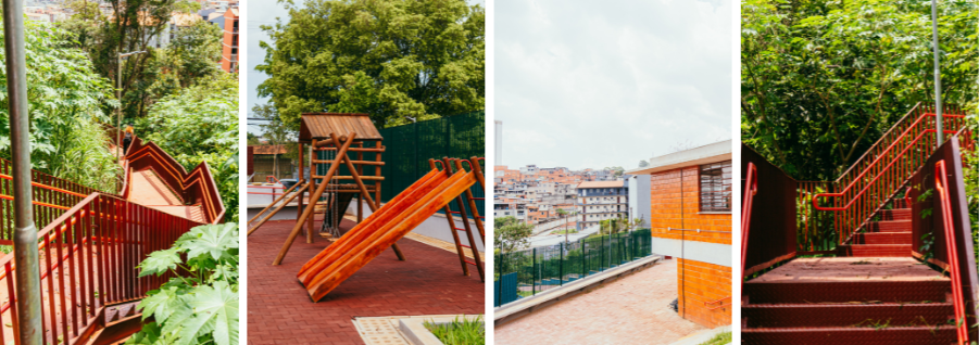 Mosaico de quatro imagens mostrando área externa com corrimãos e escadas vermelhas, um playground de madeira com escorregador, um prédio com fachada de tijolos e janelas, e um caminho cercado por muita vegetação verde em área urbana.