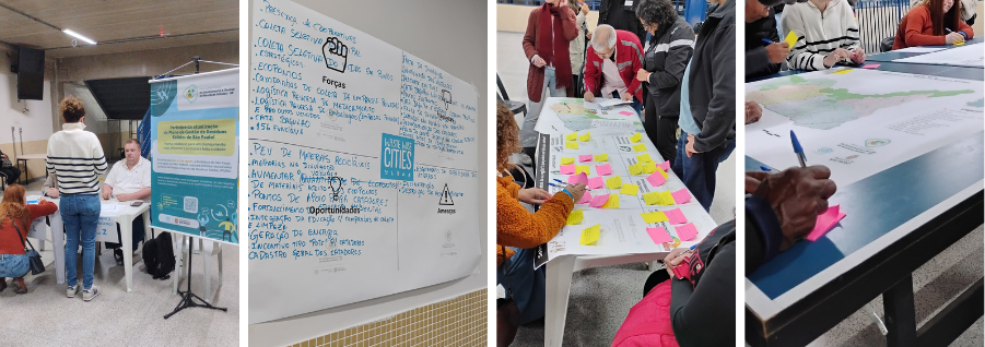 A imagem mostra quatro cenas de uma reunião comunitária. Na primeira, pessoas conversam sentadas em mesas, com um banner informativo ao lado. Na segunda, há um quadro branco cheio de anotações escritas à mão. Na terceira, várias pessoas colam papéis coloridos em um grande mapa sobre uma mesa. Na quarta, mãos de participantes escrevem e posicionam mais anotações em outro mapa ampliado.