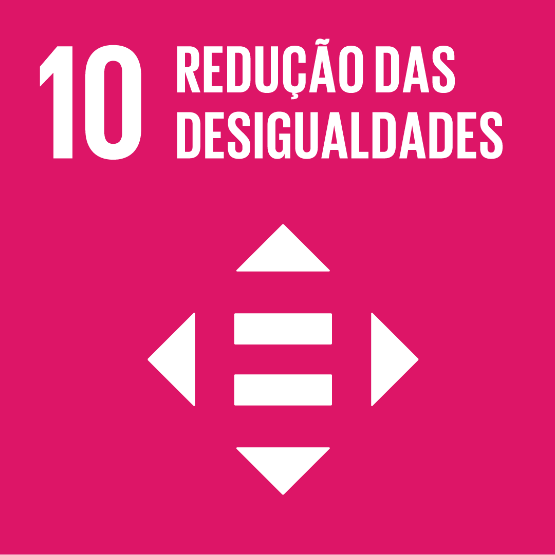 A imagem mostra o ícone da ODS 10 “redução das desigualdades”, representada por um símbolo rosa, com o símbolo de igual dentro de um círculo 