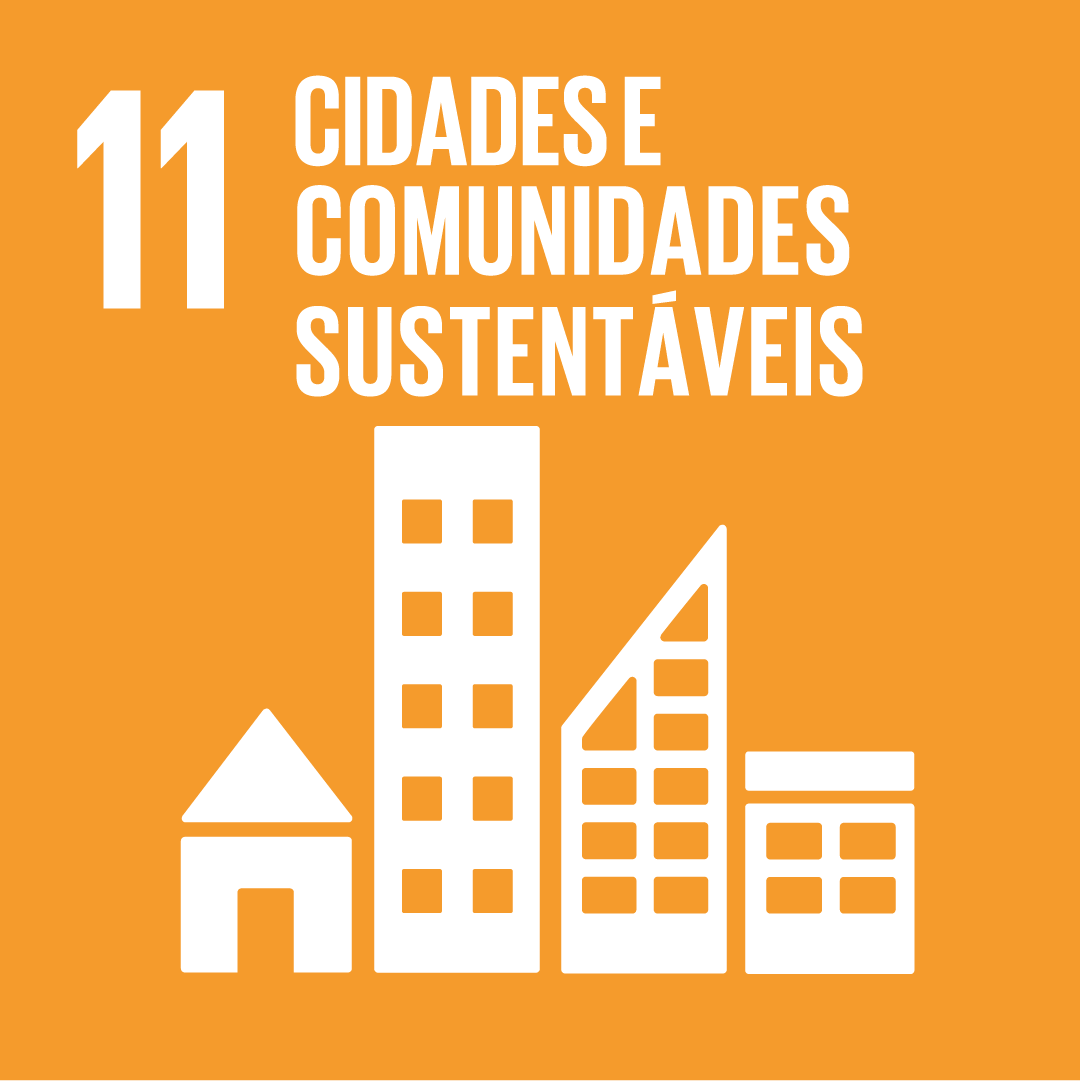 A imagem mostra o ícone da ODS 11 “cidades e comunidades sustentáveis”, representada por um ícone amarelo, com o desenho de prédios e casas brancas