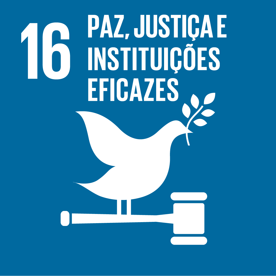 A imagem mostra o ícone da ODS 16 "paz, justiça e instituições eficazes", representada por um ícone azul escuro, com o desenho de uma pomba segurando um ramo em seu bico, em cima de um martelo de juiz. 