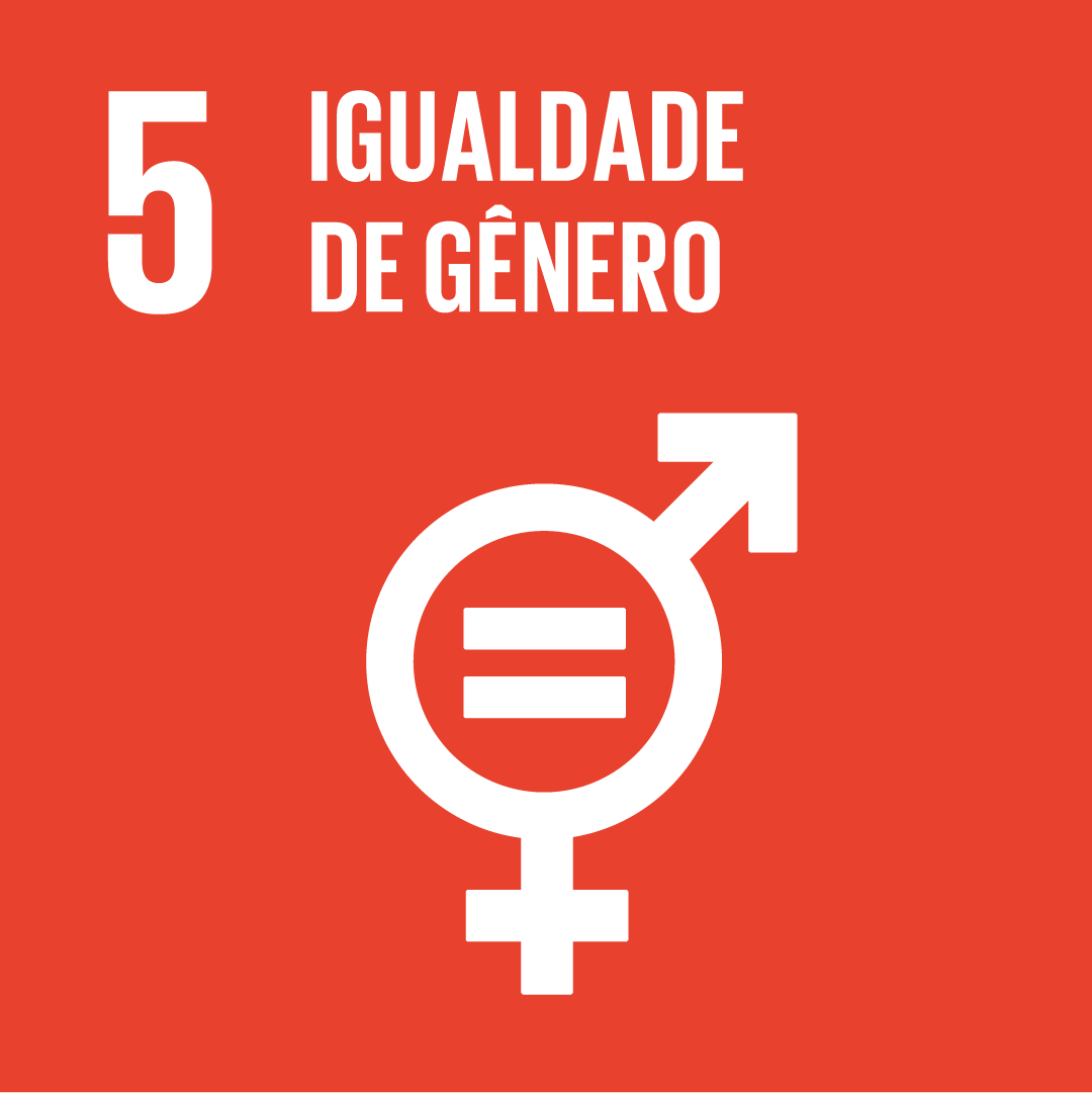 A imagem mostra o ícone da ODS 5 “igualdade de gênero”, representada por um ícone laranja, com um símbolo que combina os símbolos de gênero feminino e masculino, com um sinal de igual no centro