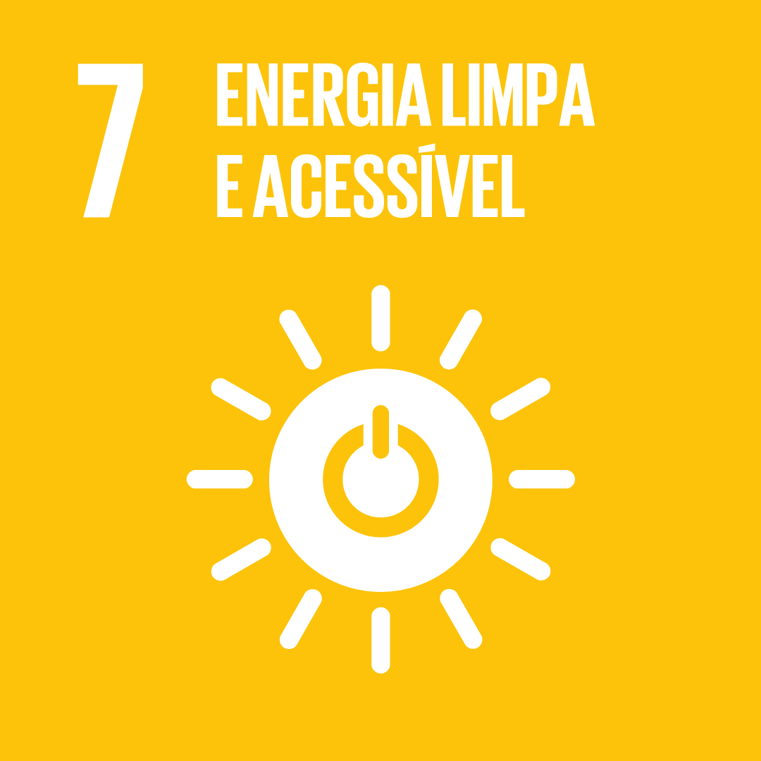 A imagem mostra o ícone da ODS 7 “energia limpa e acessível”, representada por um ícone amarelo, com o desenho de um sol com um botão de energia no meio