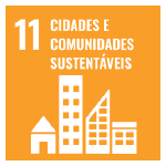 ODS 11 cidades e comunidades sustentáveis - quadrado laranja com escrita em branco de contorno de prédios e casa em branco