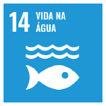 A imagem mostra o ícone das ODS 14 “vida na água”, representada por um ícone azul, com o desenho de duas ondas e um peixe