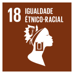 A imagem mostra o ícone da ODS 18 “igualdade étnico-racial”, representada por um ícone marrom, com o desenho da silhueta do perfil de uma pessoa com um cocar e um brinco grande e retangular. 