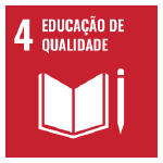A imagem mostra o ícone da ODS 4 “educação de qualidade”, representada por um ícone vermelho, com o desenho branco de um caderno e uma caneta
