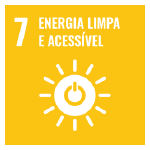 A imagem mostra o ícone da ODS 7 “energia limpa e acessível”, representada por um ícone amarelo, com o desenho de um sol com um botão de energia no meio