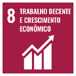 A imagem mostra o ícone da ODS 8 “trabalho decente e crescimento econômico”, representada por um ícone vermelho escuro, com o desenho de um gráfico de barras ascendentes com uma seta em cima.