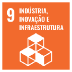 A imagem mostra o ícone da ODS 9 “indústria, inovação e infraestrutura”, representada por um ícone laranja, com um desenho de 3 cubos interligados