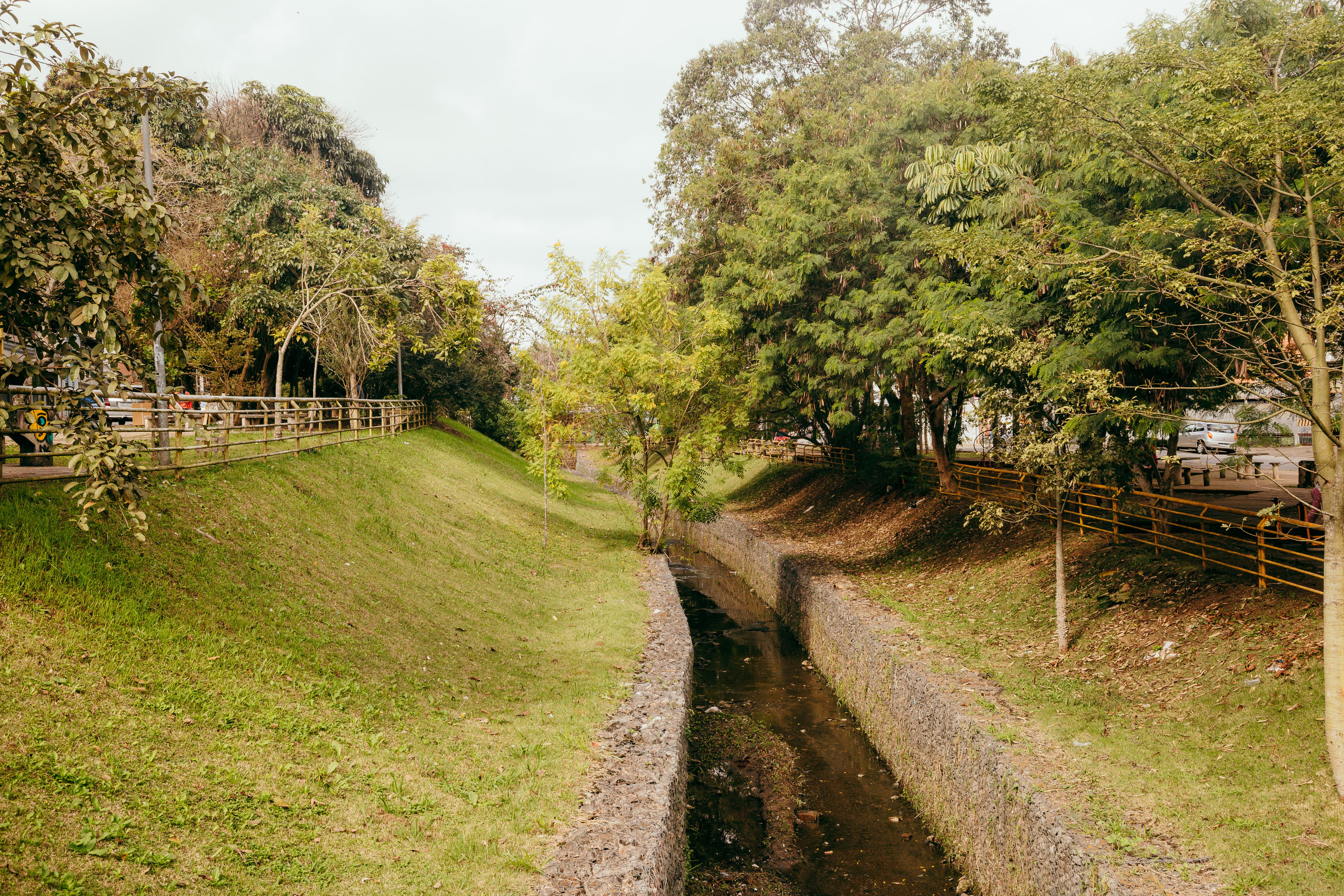 Córrego canalizado com margens revestidas de pedras, cercado por áreas verdes gramadas e arborizadas em ambos os lados. Há cercas de madeira ao longo do trecho, acompanhando uma via com carros estacionados à direita. Árvores de diferentes portes fornecem sombra e vegetação densa à paisagem. A imagem retrata um trecho urbano naturalizado, em clima ameno e céu parcialmente nublado.