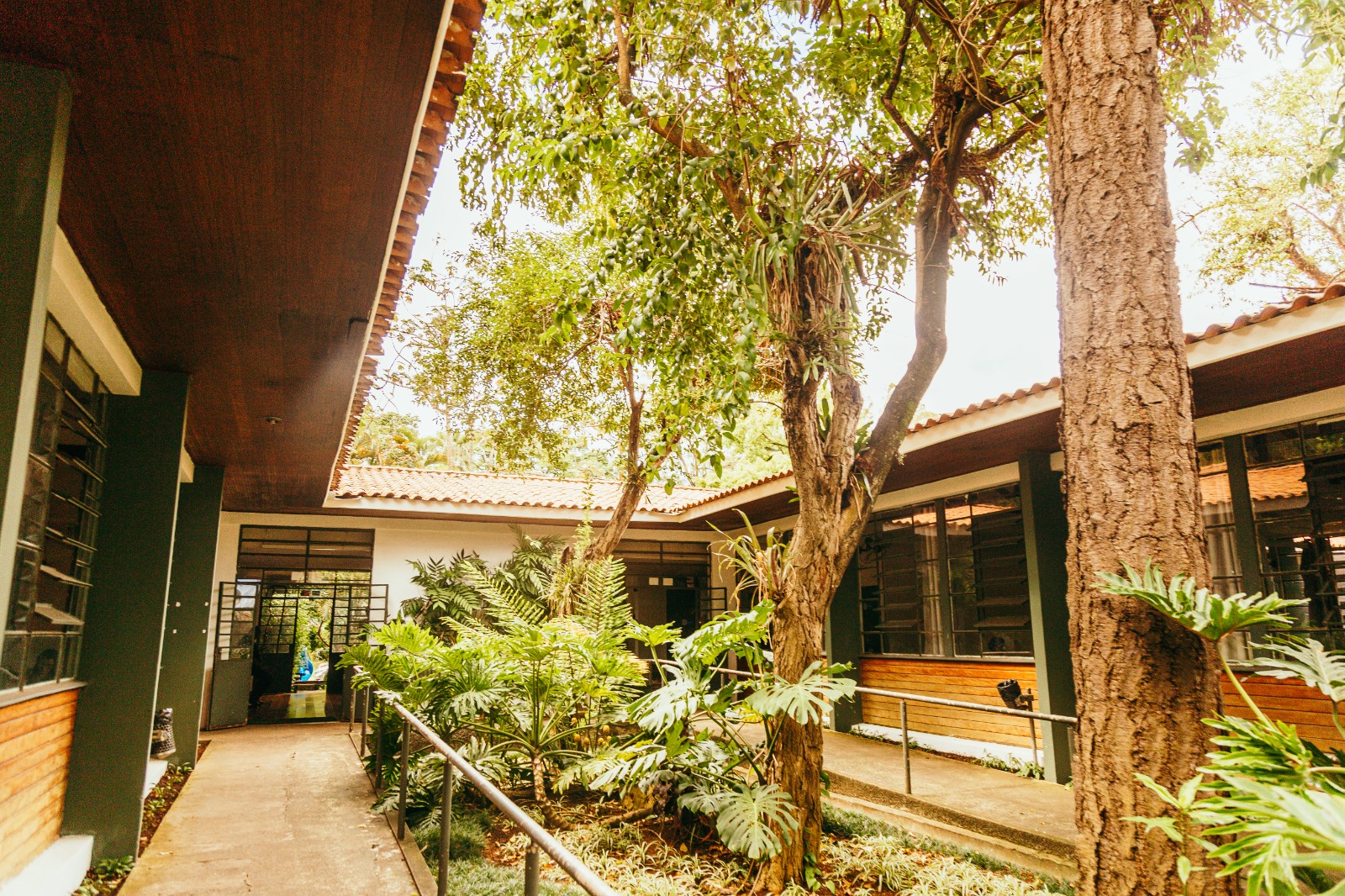 Corredor com rampa acessível em meio a jardim interno arborizado e salas ao redor. Ambiente iluminado, com vegetação integrada à arquitetura e circulação facilitada.