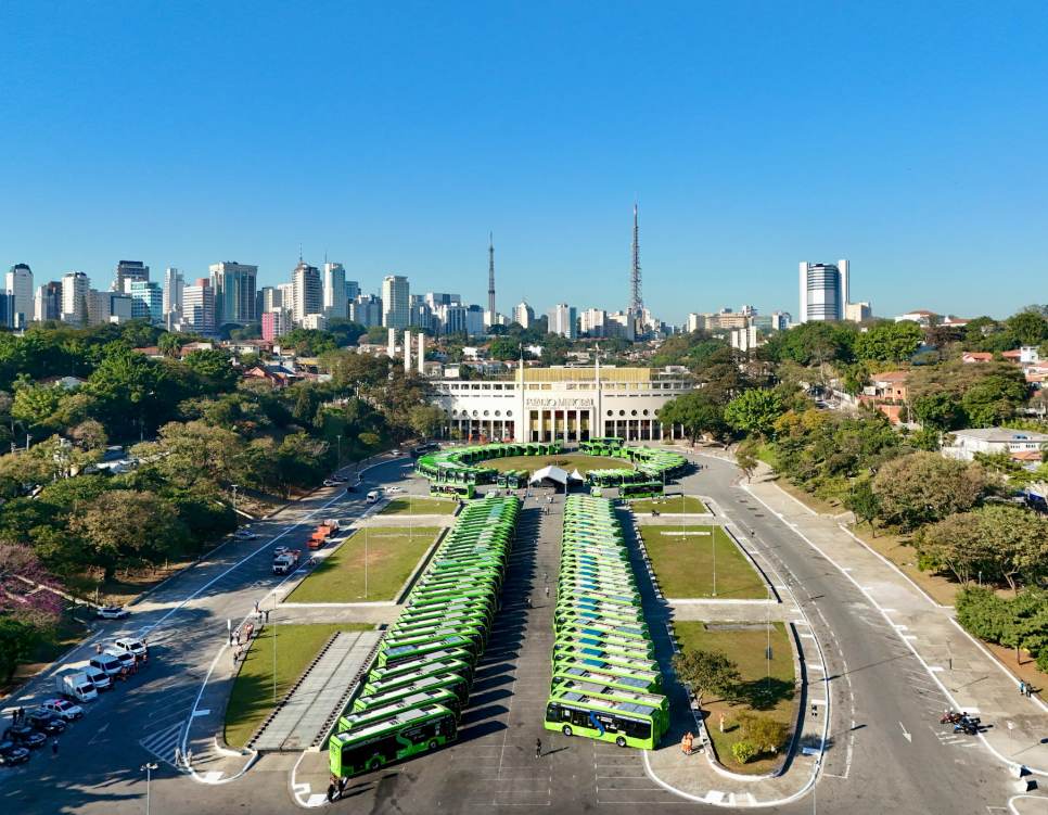 Foto aérea mostra dezenas de ônibus verdes organizados em fileiras no pátio do Estádio do Pacaembu, em São Paulo. Ao fundo, vê-se o estádio com sua fachada clássica e, ao longe, os prédios da região da Avenida Paulista sob um céu azul e sem nuvens. A imagem destaca uma grande entrega ou exposição de novos ônibus para a cidade.