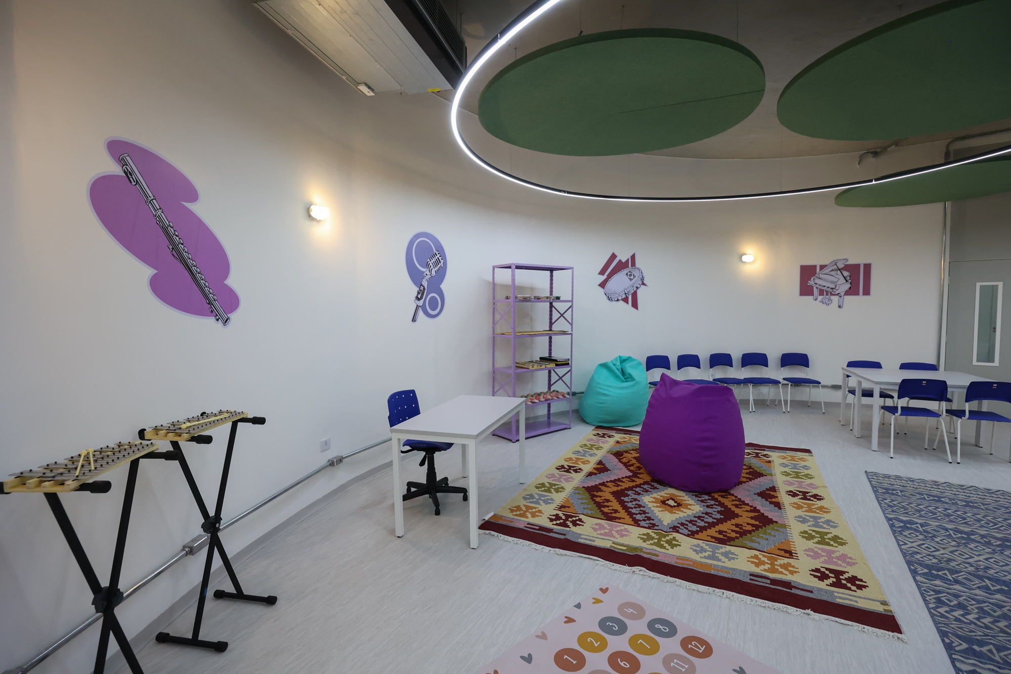Imagem da sala de música do Centro TEA. Nela há diversos instrumentos como violão, cavaquinho, maracas. Além de tapete, mesas e cadeiras.