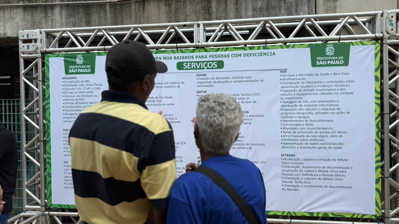 Duas pessoas, sendo um homem e uma mulher, de costas. Eles estão observando um banner que contém todos os serviços do Inclui Sampa nos Bairros.
