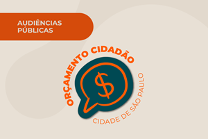 Balão de fala com símbolo de dinheiro e texto 'Orçamento Cidadão – Cidade de São Paulo', indicando participação popular nas decisões de orçamento.