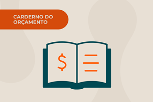 Livro aberto com símbolo de dinheiro e linhas de texto, representando o registro e organização do orçamento público.