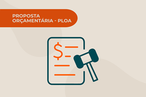Documento com símbolo de dinheiro e martelo de juiz, mostrando a proposta de orçamento que precisa de aprovação.