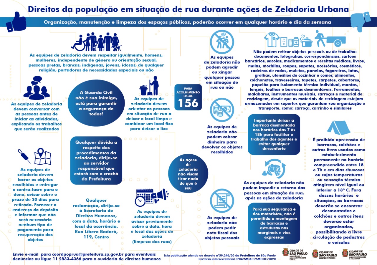 A imagem é um infográfico sobre os direitos da população em situação de rua durante ações de zeladoria urbana. O papel é predominantemente azul, com texto em branco e ícones ilustrativos. Ele destaca diretrizes e informações importantes, como:  Respeito e Igualdade: As equipes devem respeitar todas as pessoas, independentemente de gênero, raça ou condição. Apoio da Guarda Civil: A Guarda Civil está presente para garantir a segurança. Proibições: As equipes não podem retirar objetos pessoais ou agredir as pessoas em situação de rua. Recolhimento de Objetos: Orientações sobre como os objetos devem ser tratados e o procedimento em caso de dúvida. Informações de Contato: Números para reclamações e apoio. O layout é organizado, com setas e divisões claras, facilitando a leitura e a compreensão das informações.
