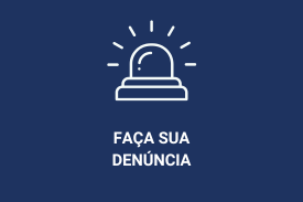 Ícone de sirene em branco, com linhas ao redor indicando ação de piscar em branco, sobre um fundo azul escuro. Abaixo, está o texto 'FAÇA SUA DENÚNCIA' em letras brancas.
